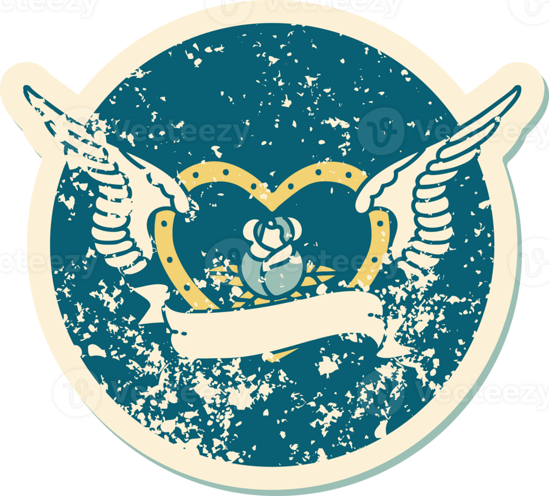 iconic distressed sticker tattoo style image of a flying heart with flowers and banner png