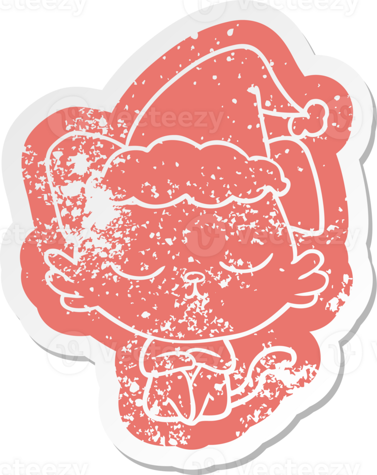 cute quirky cartoon distressed sticker of a dog wearing santa hat png