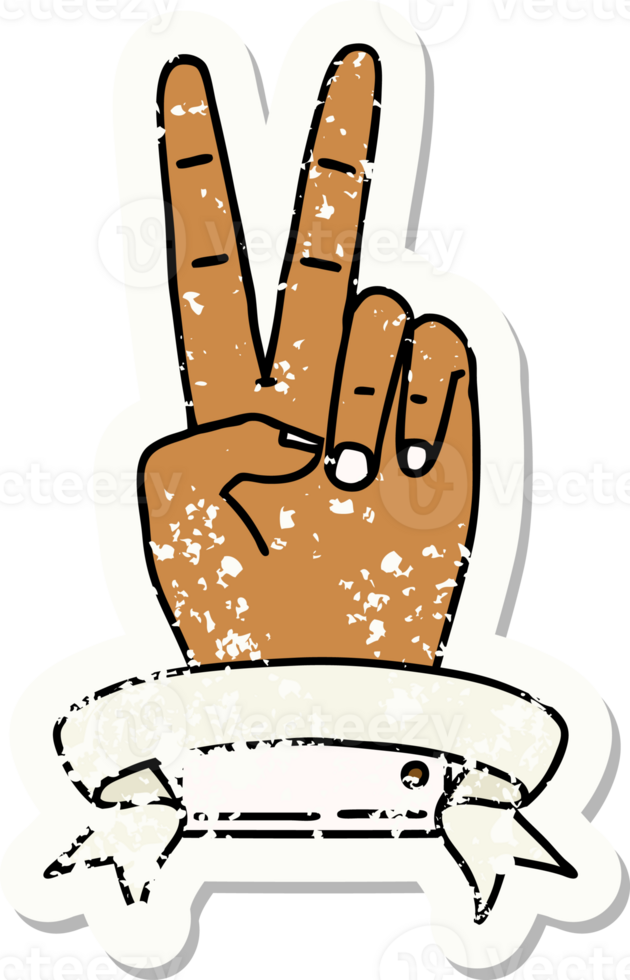 Retro Tattoo Style peace two finger hand gesture with banner png