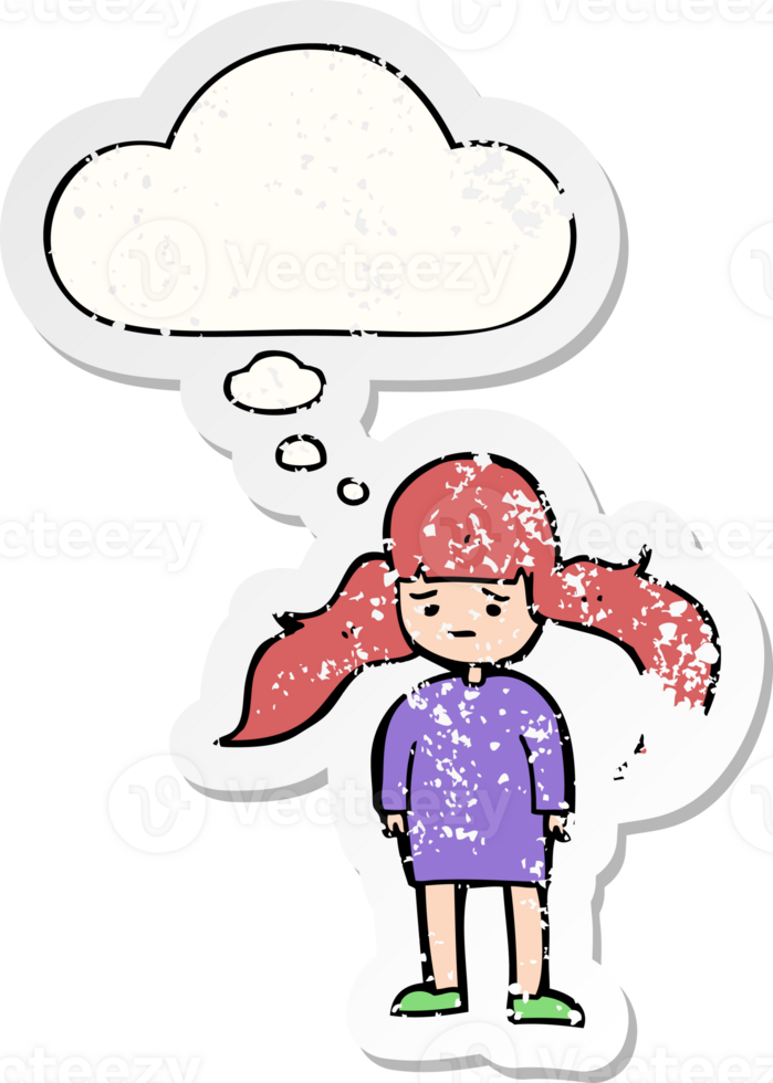 cartoon girl with long hair with thought bubble as a distressed worn sticker png