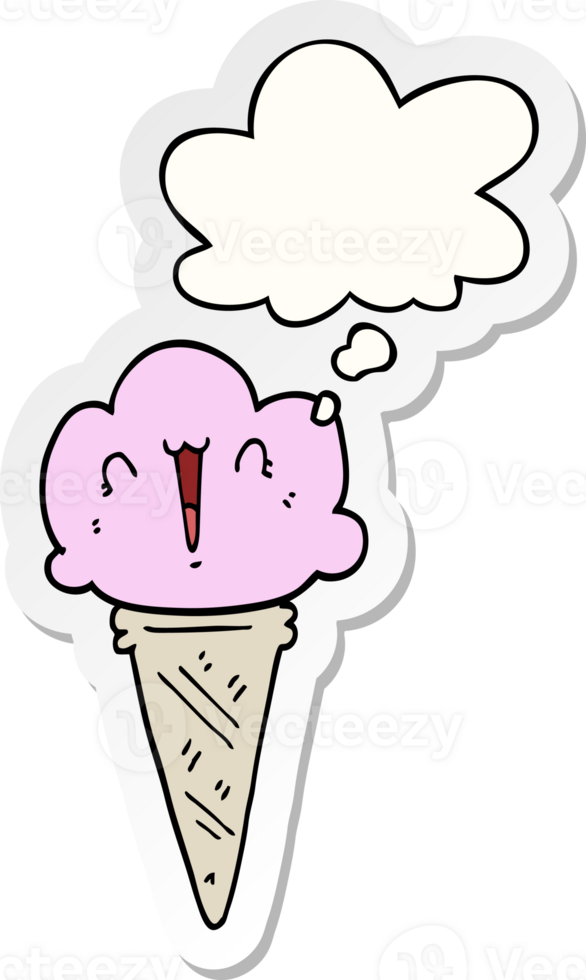 cartoon ice cream with face with thought bubble as a printed sticker png