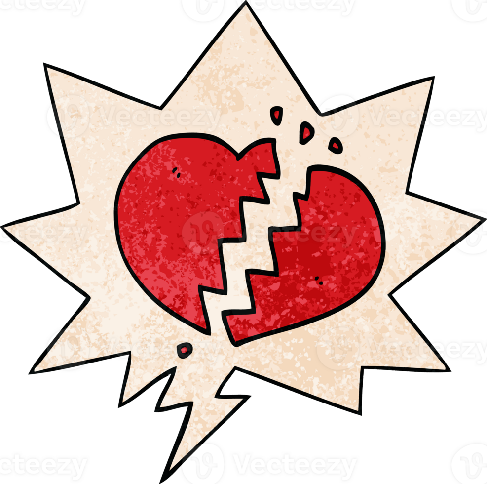 cartoon broken heart with speech bubble in retro texture style png