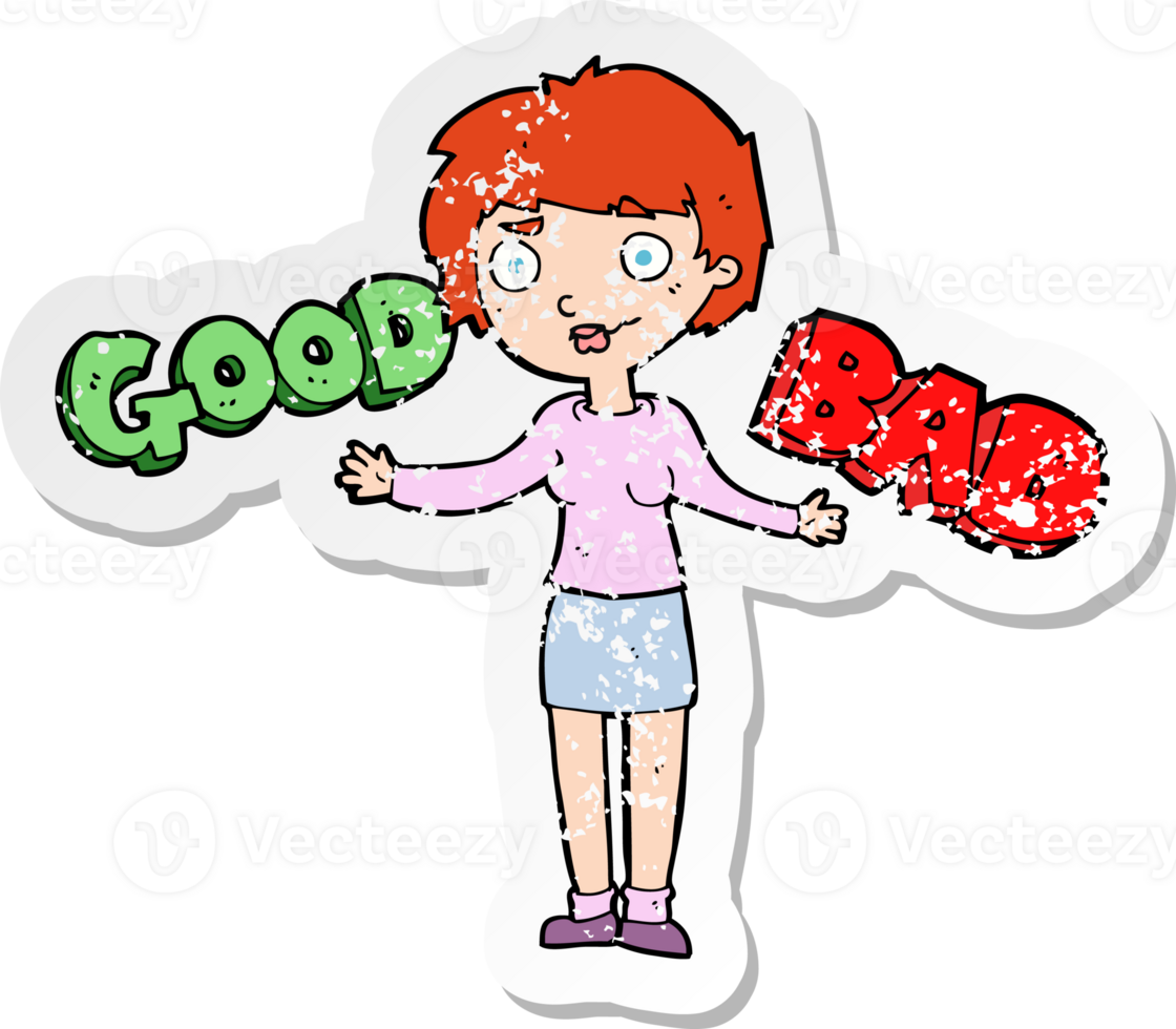 retro distressed sticker of a cartoon woman weighing up options png