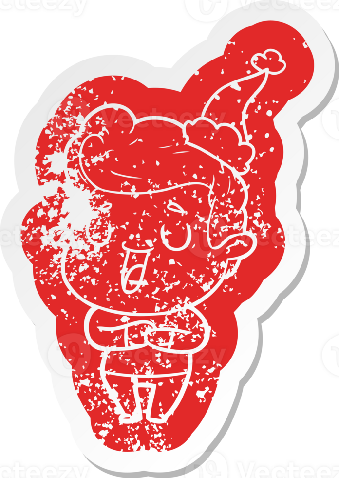 happy quirky cartoon distressed sticker of a man wearing santa hat png