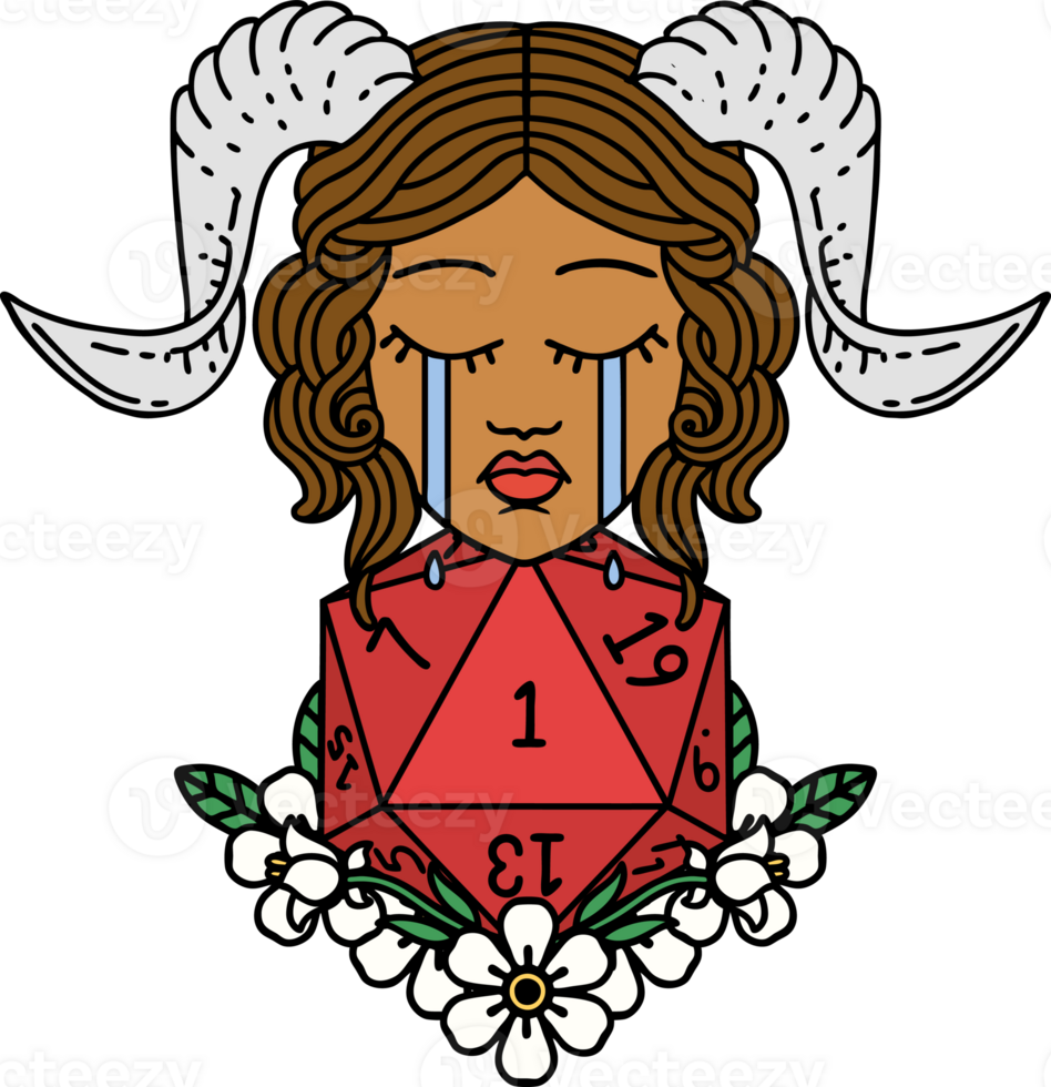 Retro Tattoo Style crying tiefling with natural one D20 dice roll png