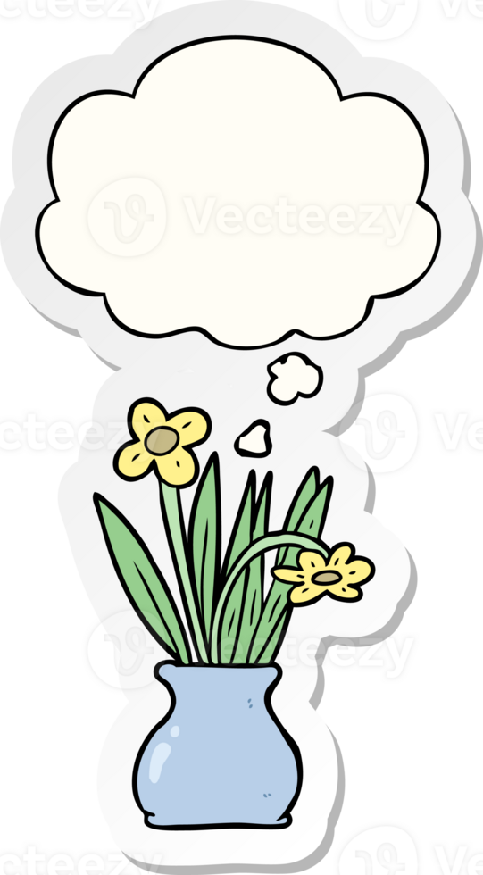 cartoon flower in pot with thought bubble as a printed sticker png
