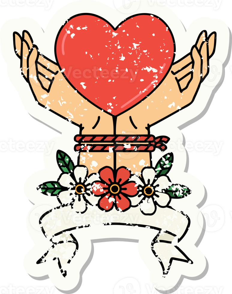 worn old sticker with banner of tied hands and a heart png