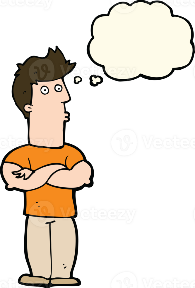 cartoon man with folded arms with thought bubble png