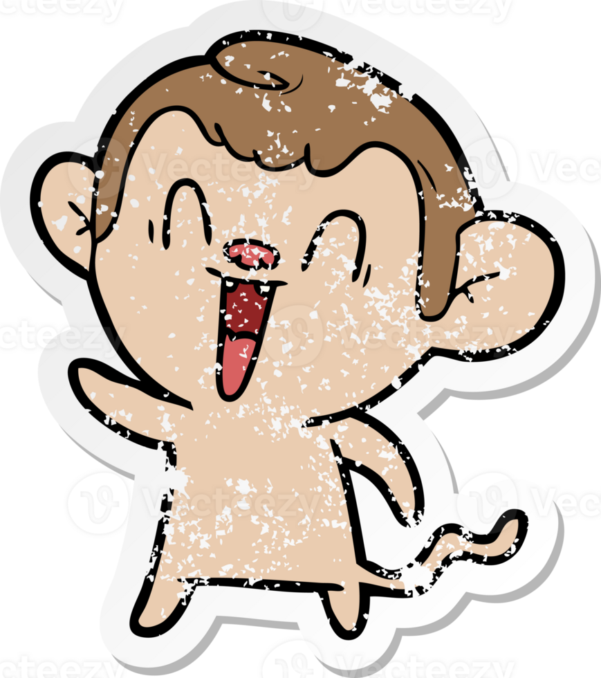 distressed sticker of a cartoon laughing monkey png