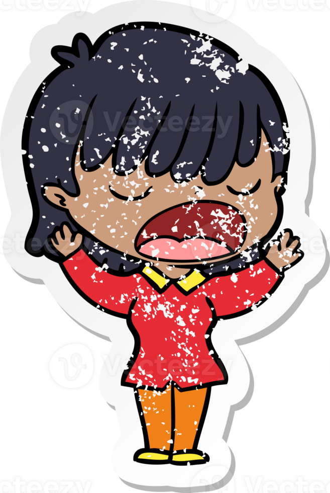 distressed sticker of a cartoon woman talking loudly png