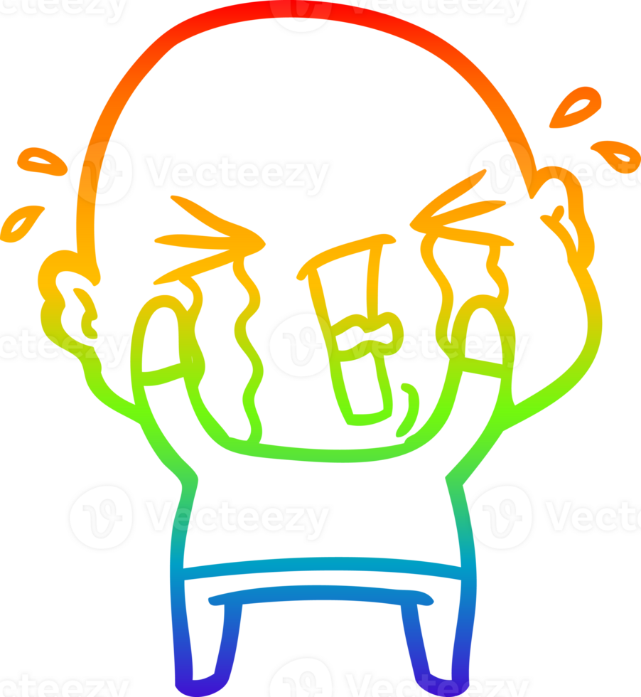 rainbow gradient line drawing of a cartoon crying bald man png