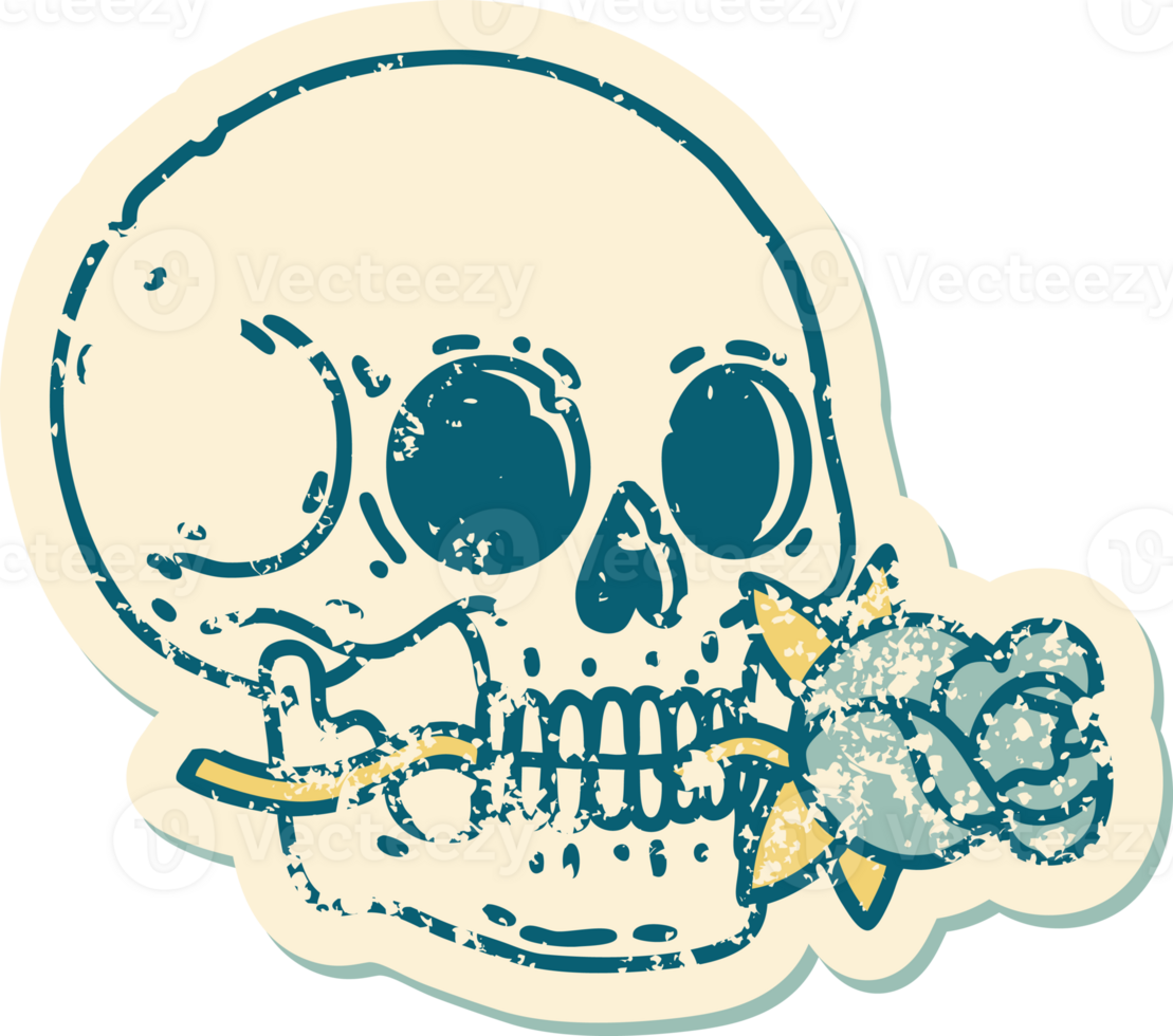 iconic distressed sticker tattoo style image of a skull and rose png