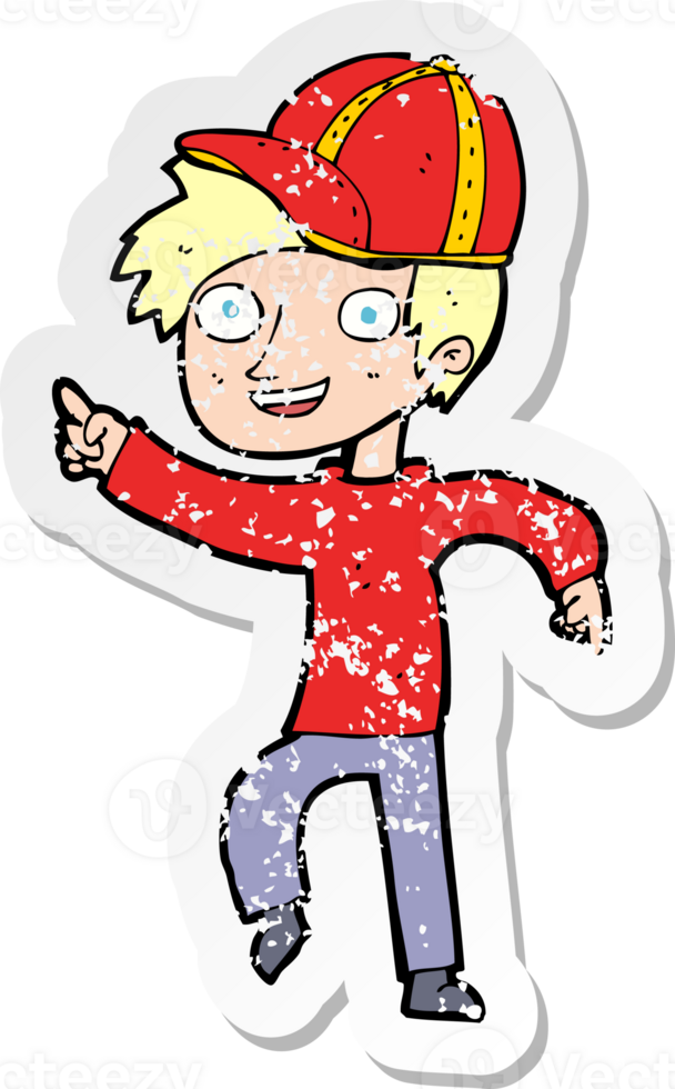 retro distressed sticker of a cartoon boy in cap pointing png
