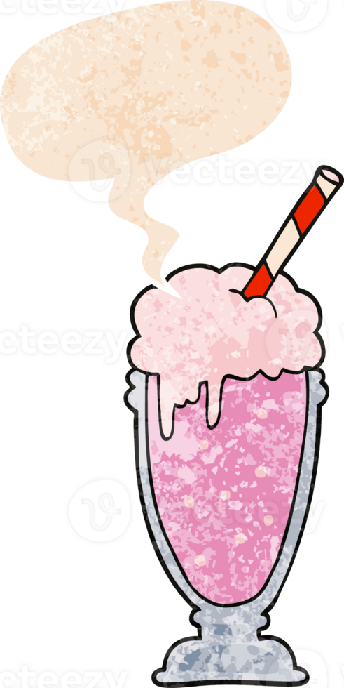 cartoon milkshake with speech bubble in grunge distressed retro textured style png