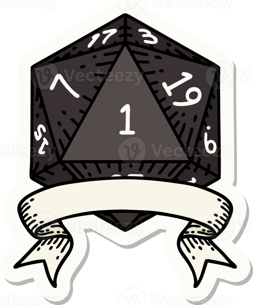 sticker of a natural one d20 dice roll png