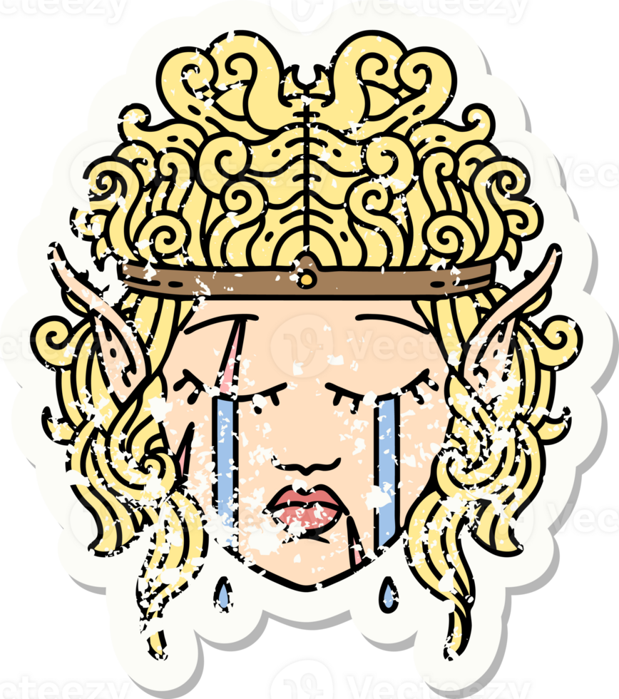 grunge sticker of a crying elf barbarian character face png