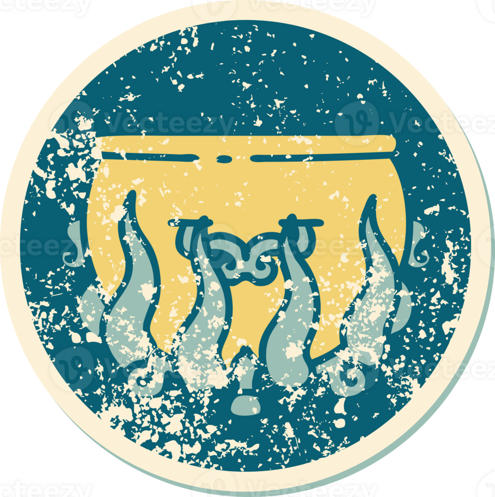 iconic distressed sticker tattoo style image of a lit cauldron png