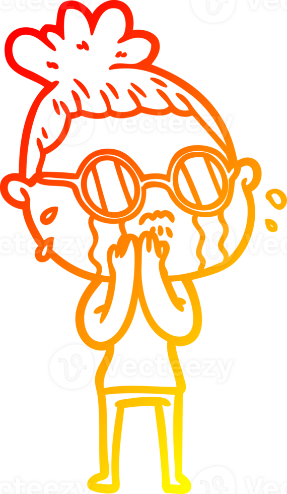 warm gradient line drawing of a cartoon crying woman wearing spectacles png