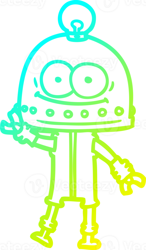 cold gradient line drawing of a happy carton robot with light bulb png