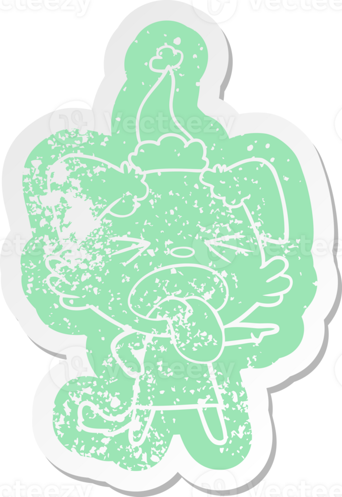 quirky cartoon distressed sticker of a disgusted dog wearing santa hat png