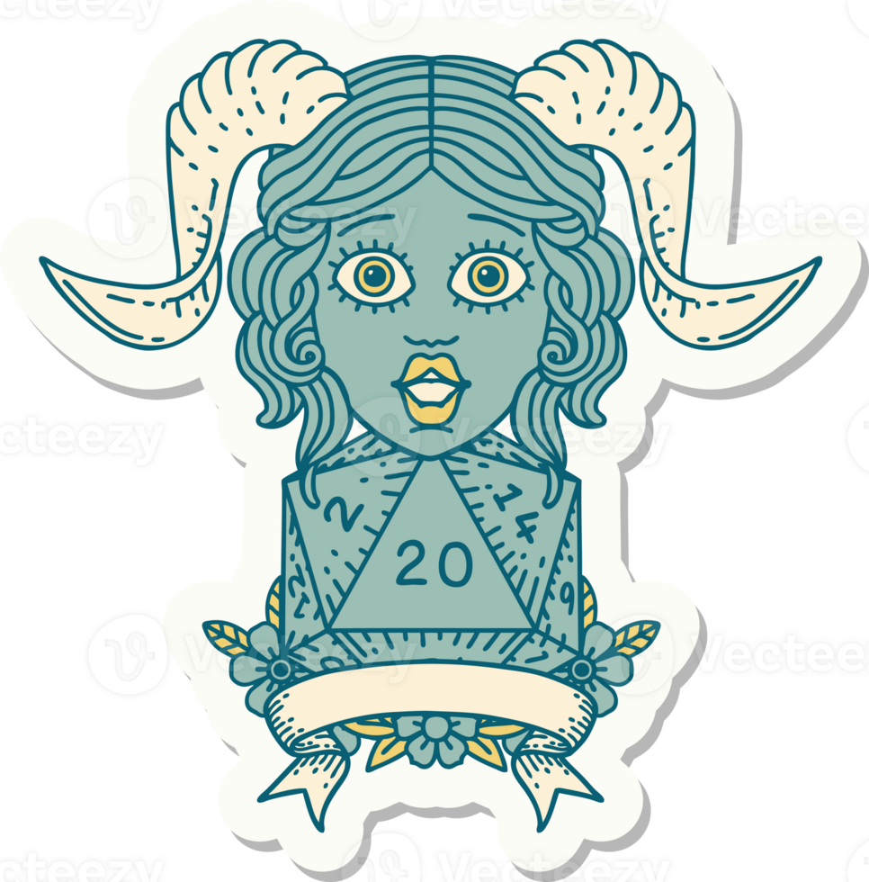 sticker of a tiefling with natural twenty dice roll png