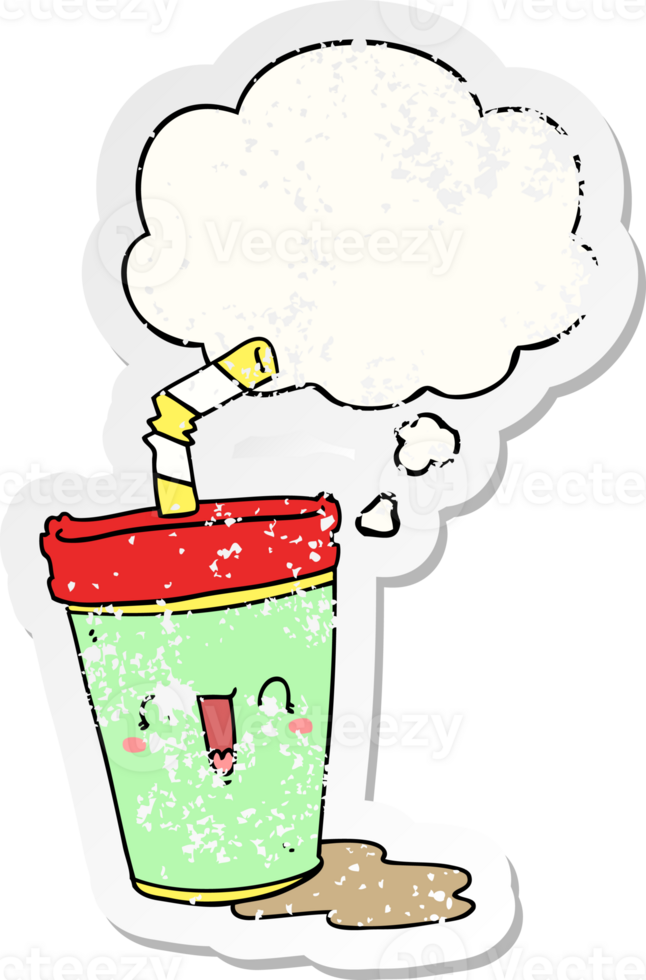 cute cartoon soda with thought bubble as a distressed worn sticker png