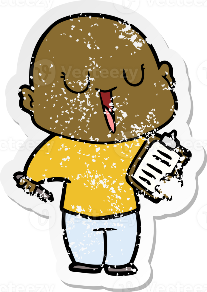 distressed sticker of a happy cartoon bald man png