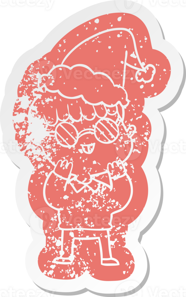 quirky cartoon distressed sticker of a boy wearing spectacles wearing santa hat png