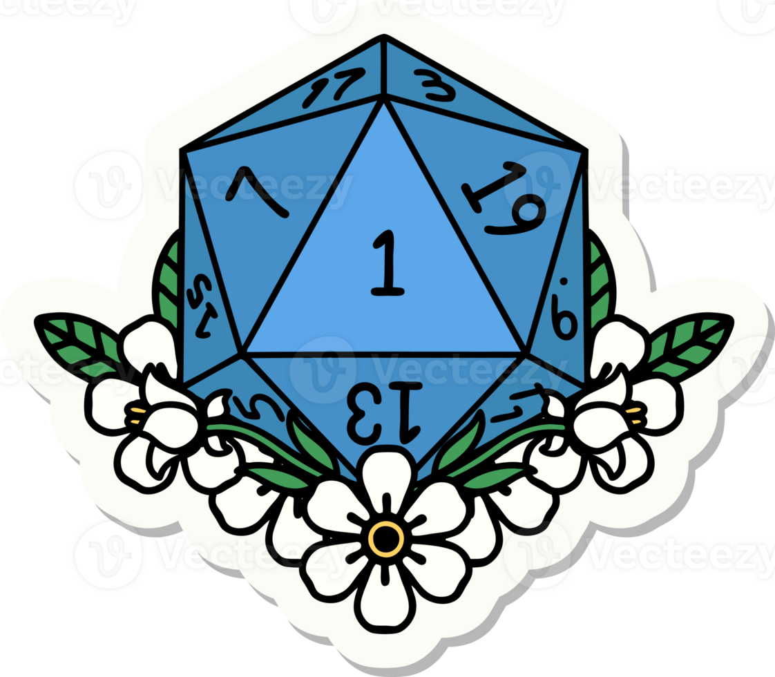 sticker of a natural one dice roll with floral elements png