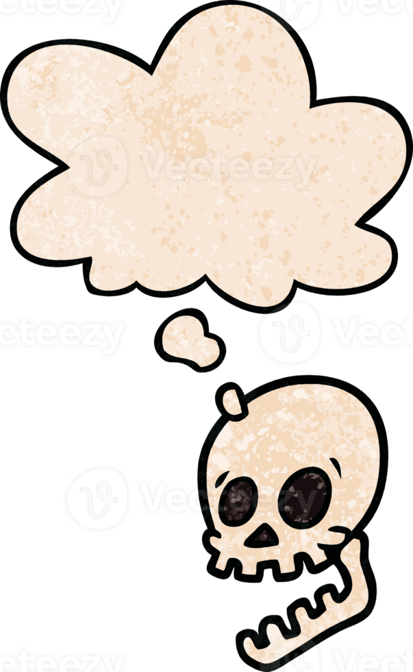 laughing skull cartoon with thought bubble in grunge texture style png