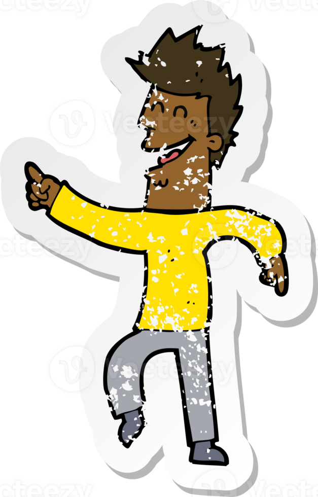retro distressed sticker of a cartoon man pointing and laughing png