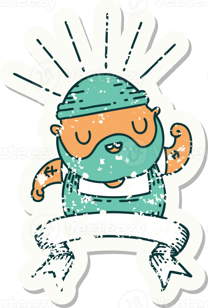 worn old sticker of a tattoo style bearded man flexing bicep png