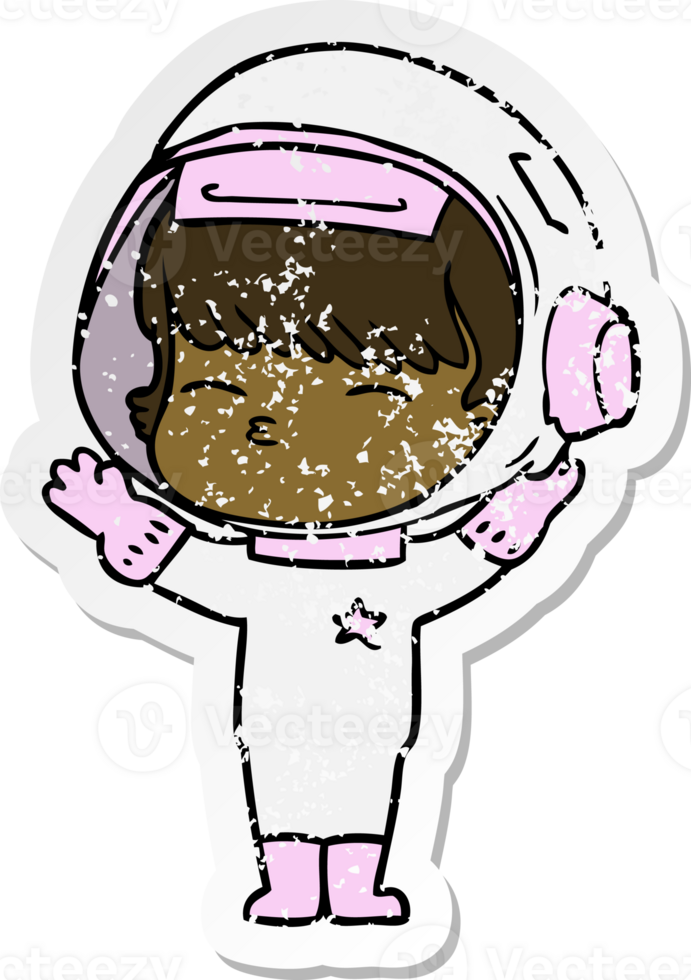 distressed sticker of a cartoon curious astronaut png