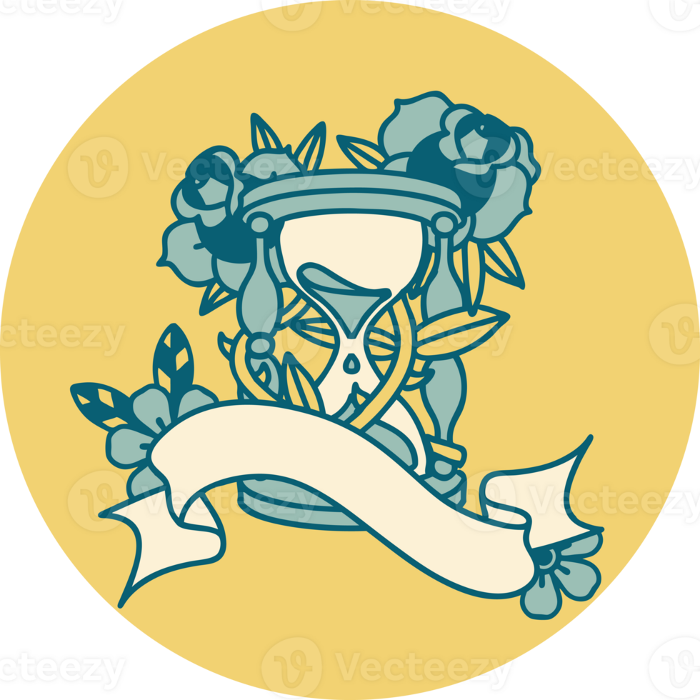 tattoo style icon with banner of an hour glass and flowers png