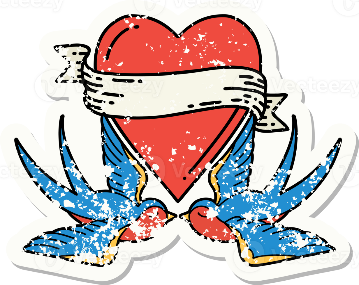 distressed sticker tattoo in traditional style of swallows and a heart with banner png