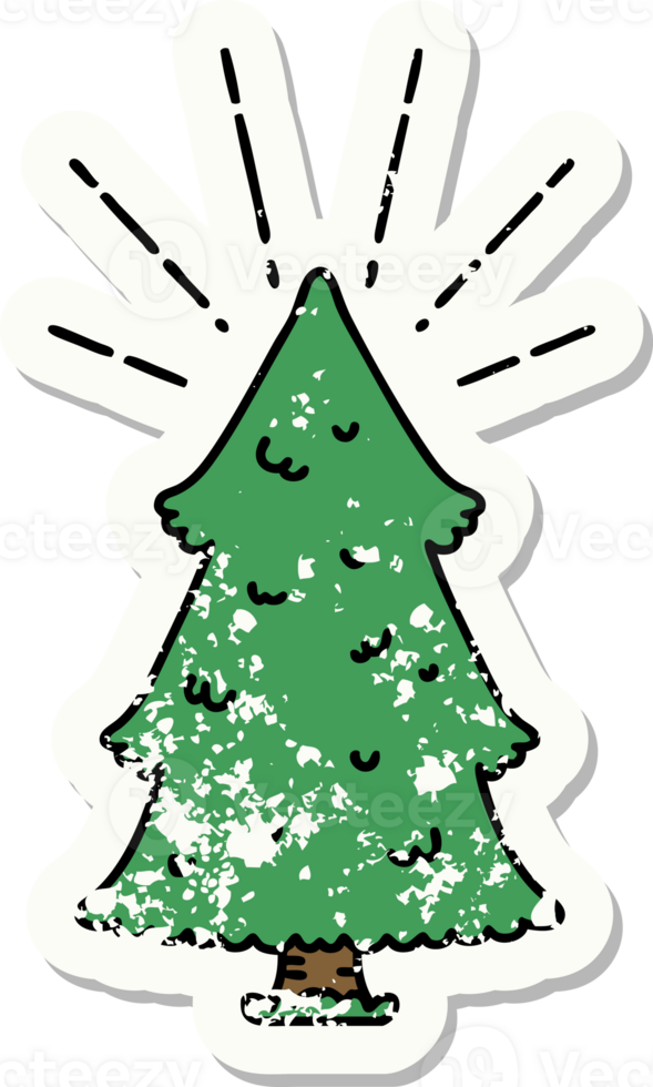 worn old sticker of a tattoo style pine tree png