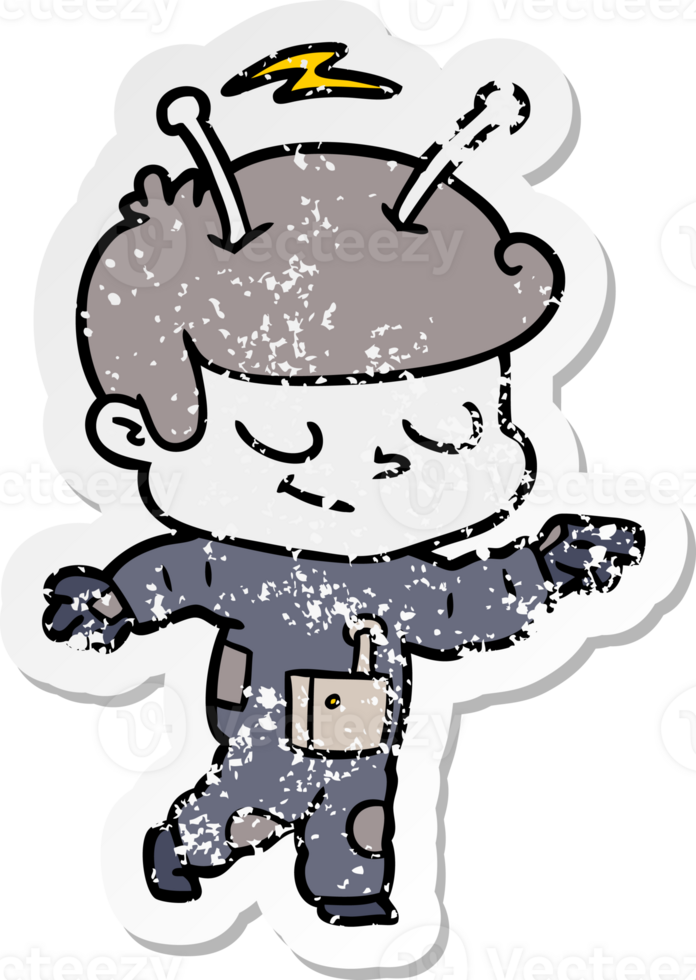 distressed sticker of a friendly cartoon spaceman pointing png
