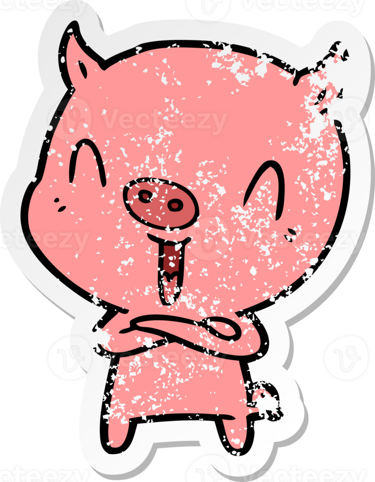 distressed sticker of a happy cartoon pig png