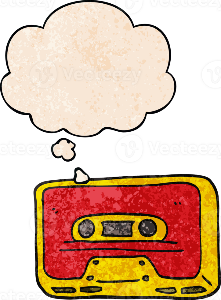 cartoon old tape cassette with thought bubble in grunge texture style png