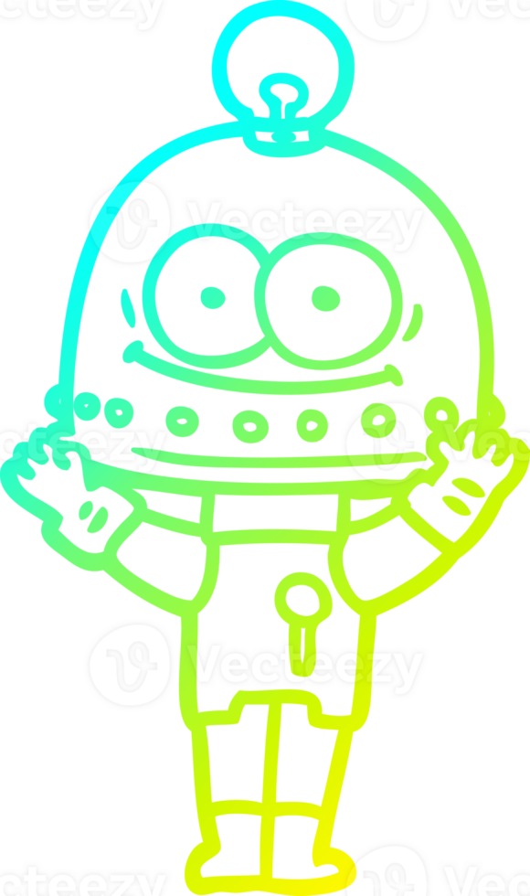 cold gradient line drawing of a happy carton robot with light bulb png