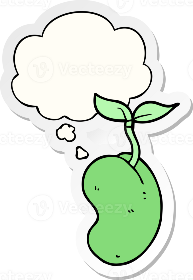 cartoon sprouting seed with thought bubble as a printed sticker png