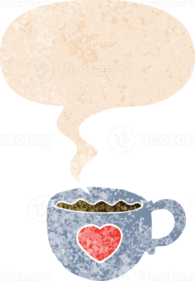 I love coffee cartoon cup with speech bubble in grunge distressed retro textured style png