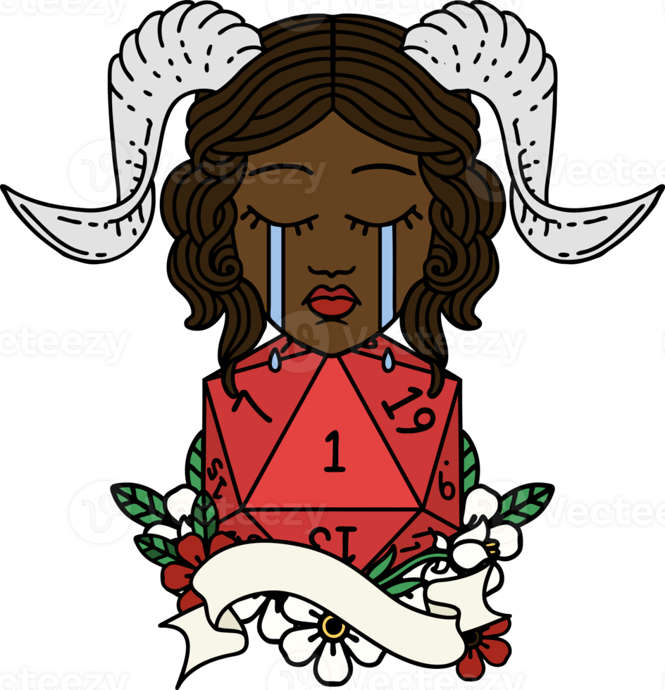 Retro Tattoo Style crying tiefling with natural one D20 roll png