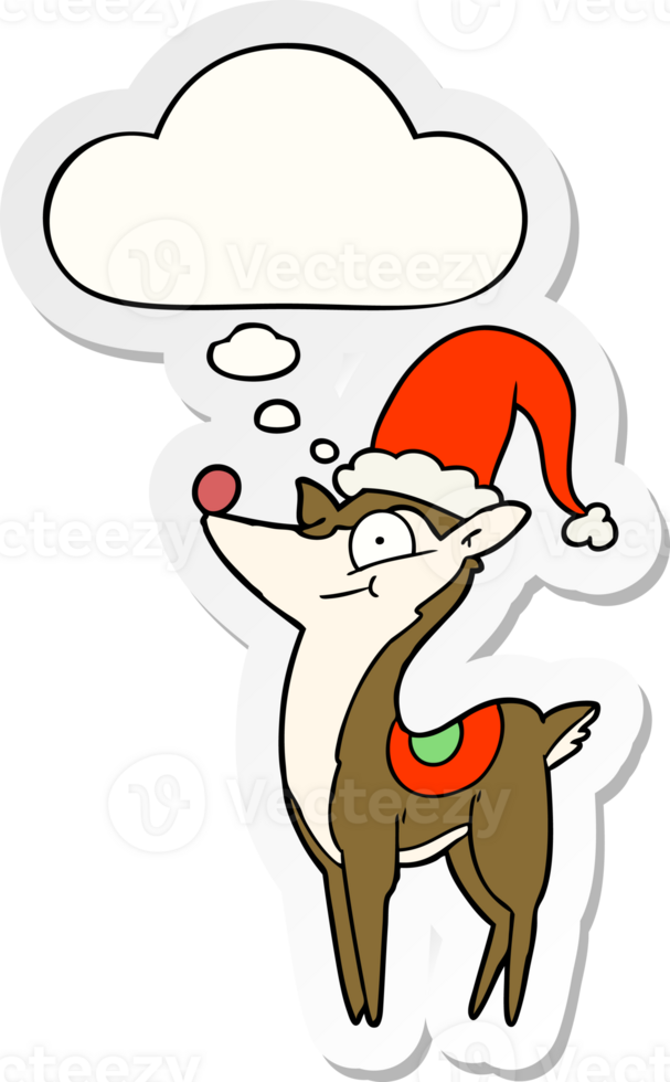 cartoon christmas reindeer with thought bubble as a printed sticker png