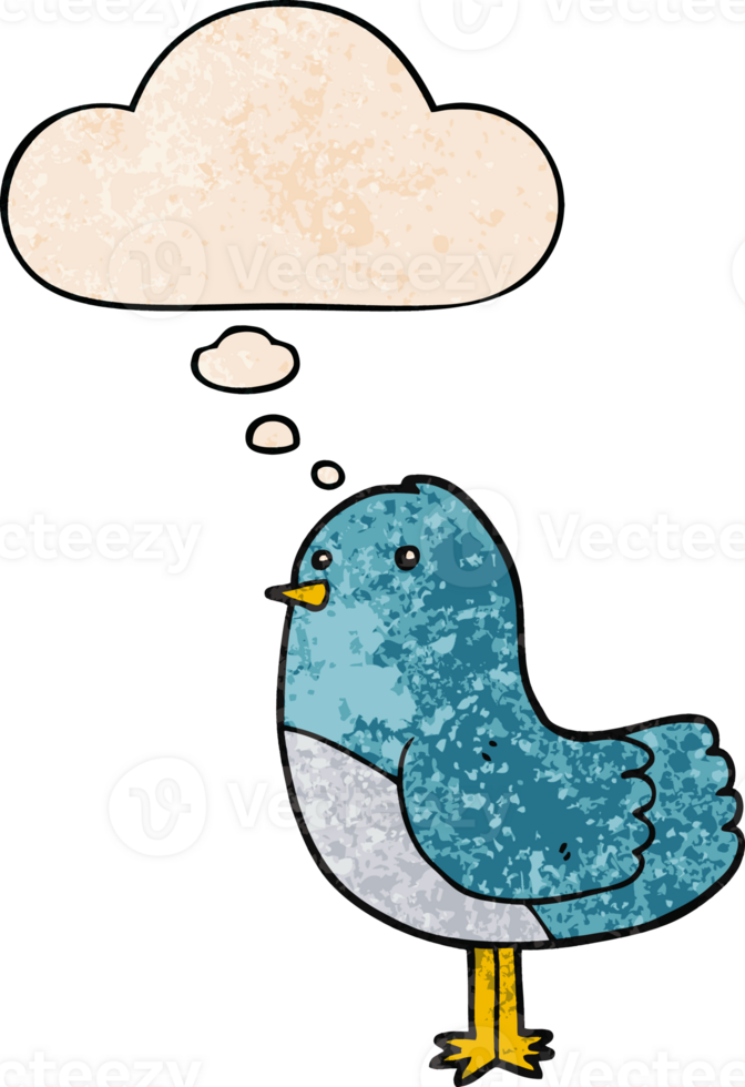 cartoon bird with thought bubble in grunge texture style png