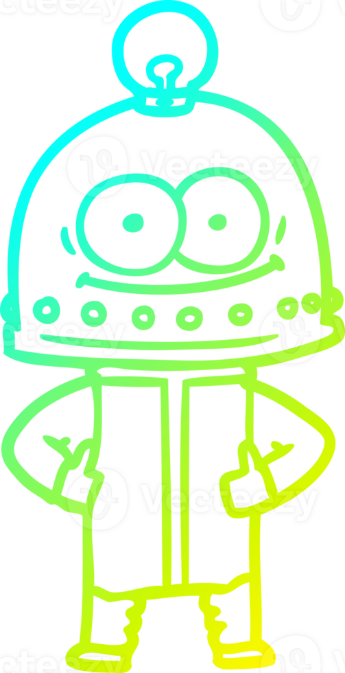 cold gradient line drawing of a happy carton robot with light bulb png