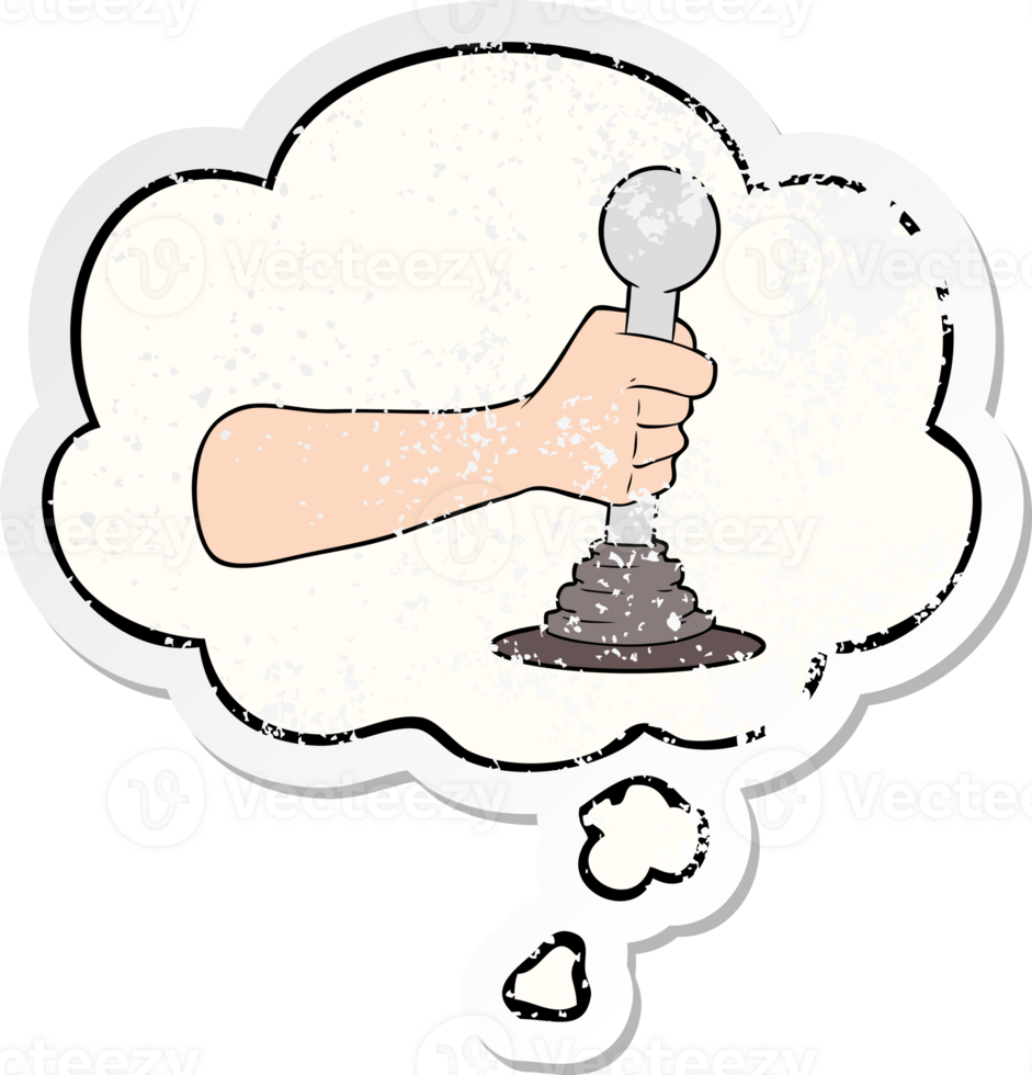 cartoon hand pulling lever with thought bubble as a distressed worn sticker png