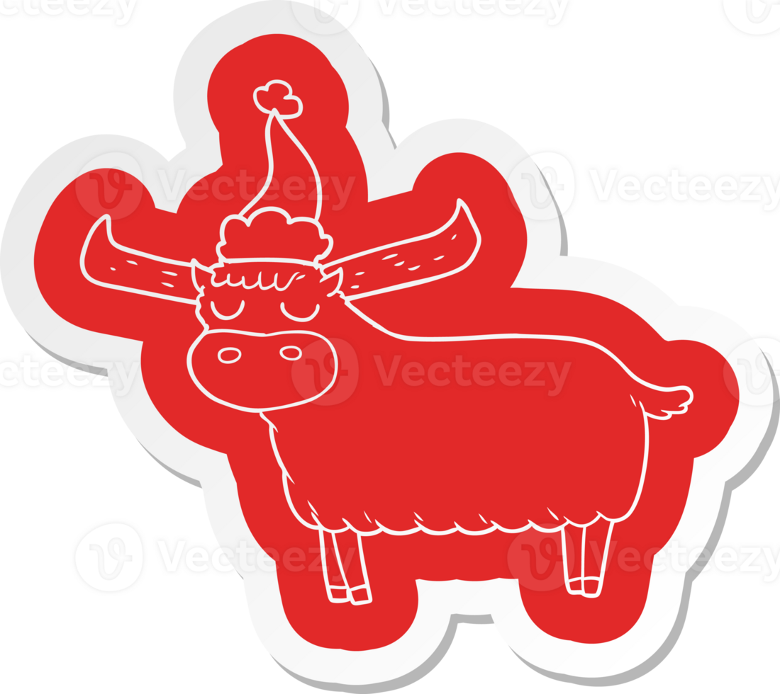 quirky cartoon  sticker of a bull wearing santa hat png