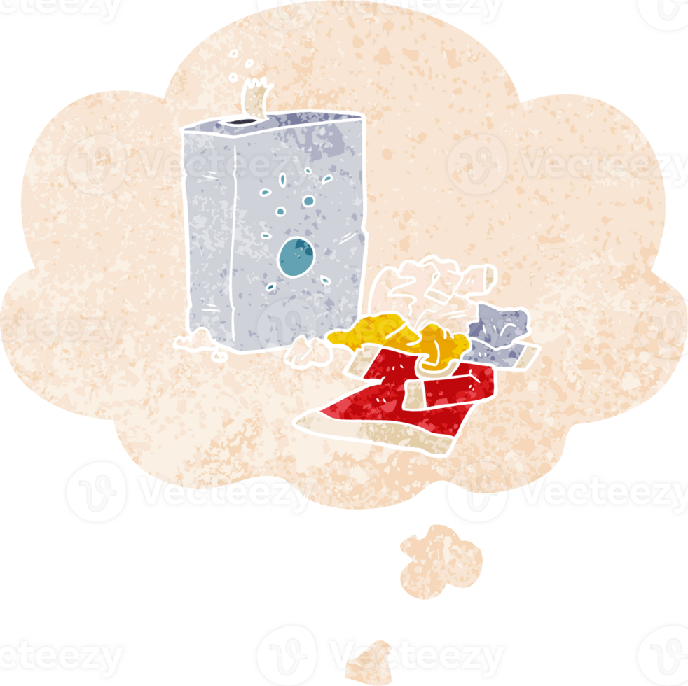 cartoon washing powder and laundry with thought bubble in grunge distressed retro textured style png