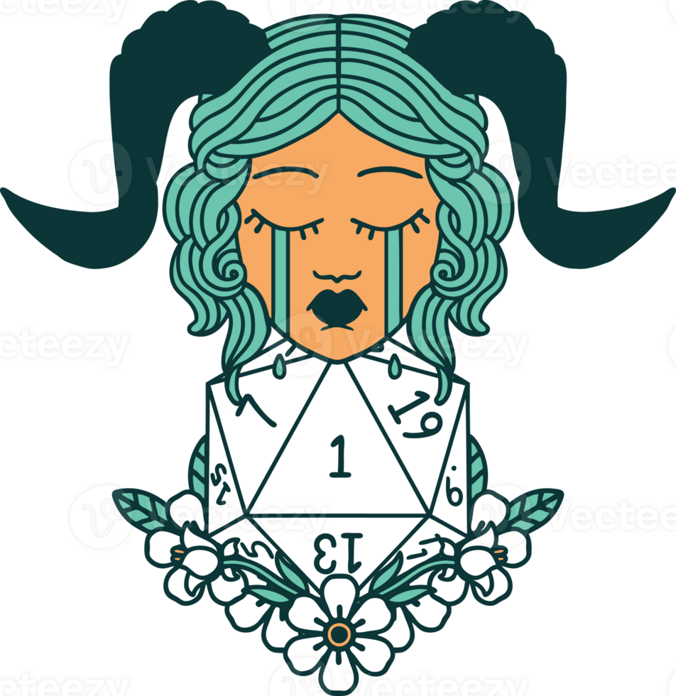 Retro Tattoo Style crying tiefling with natural one D20 dice roll png